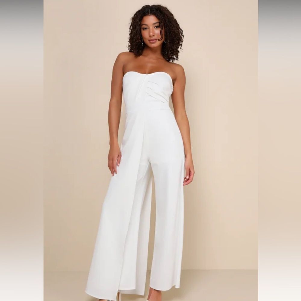 Lulus Angelic Elegance White Pleated Strapless Overlay Jumpsuit size XS